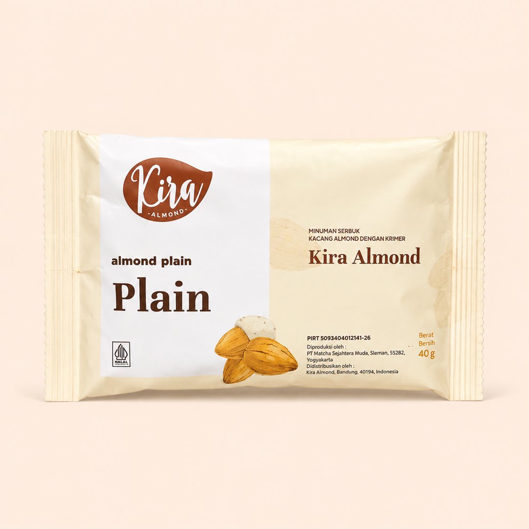 Cover produk Kira Almond Plain Powder 40g dengan latar krem