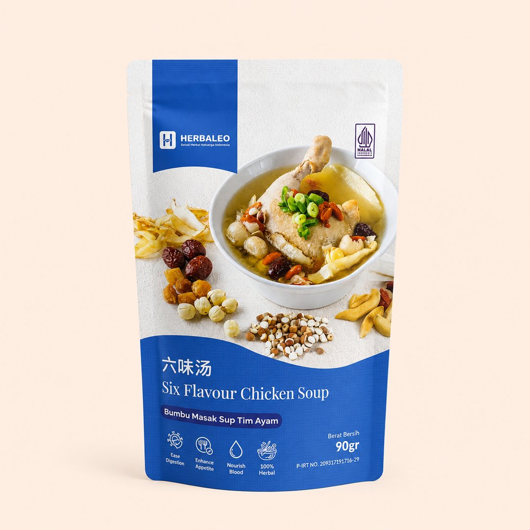 Cover produk Herbaleo Six Flavour Chicken Soup 90g dengan latar krem