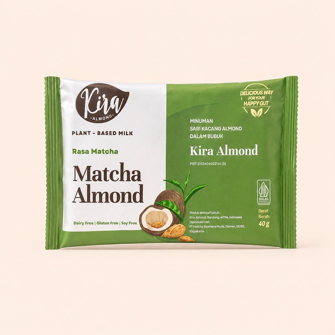 Cover produk Kira Almond Matcha Powder 40g dengan latar krem
