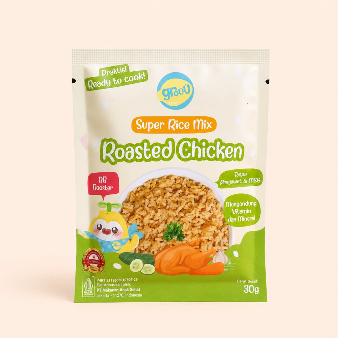 Cover produk Grouu Super Rice Mix Roasted Chicken 30g - Beras MPASI BB Booster dengan latar krem