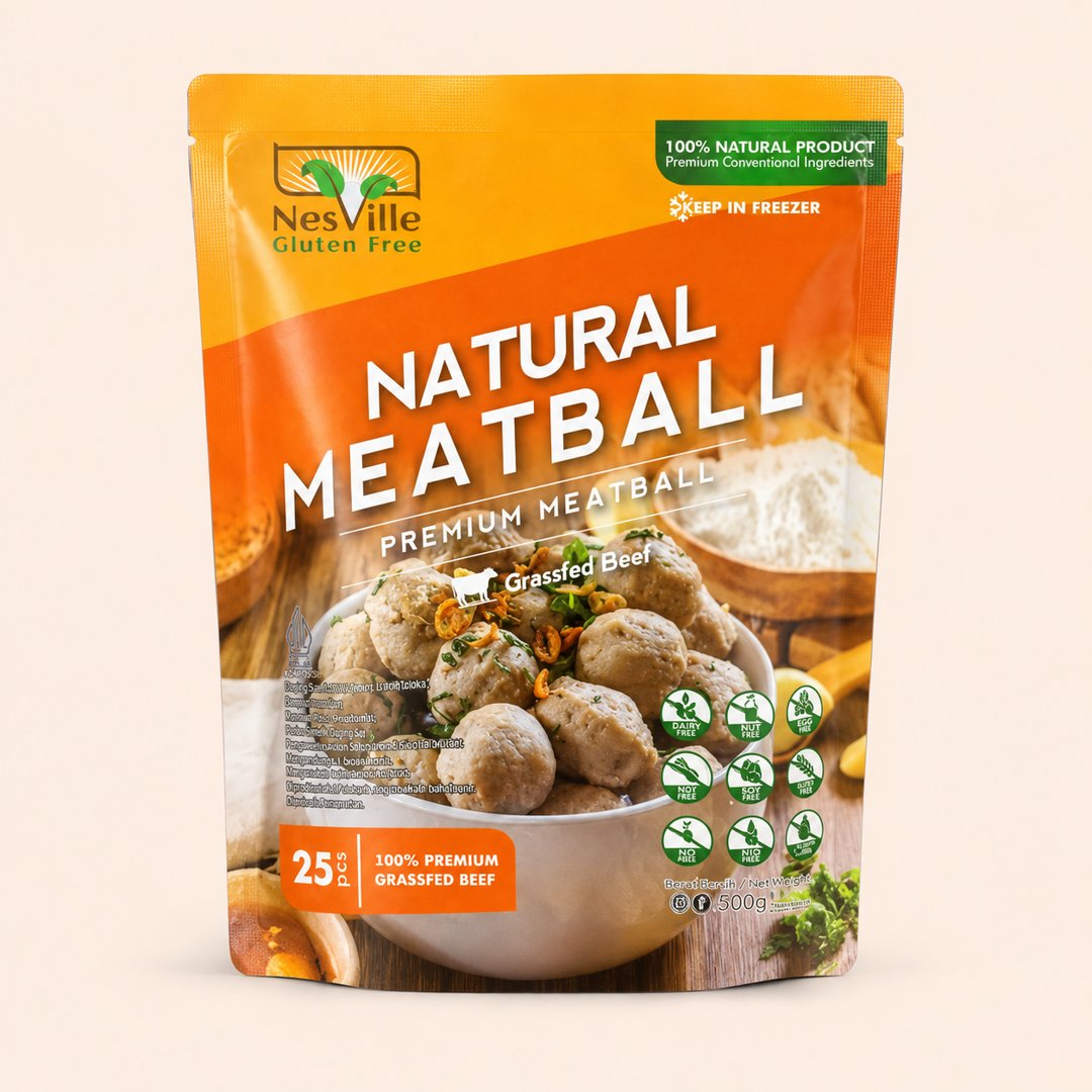 Cover produk NesVille Natural Meatball Premium Grassfed Beef 25 pcs dengan latar krem