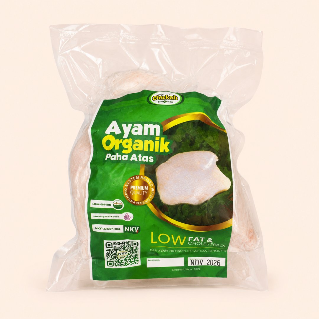 Cover produk Berkah Chicken Ayam Organik Paha Atas 500g dengan latar krem