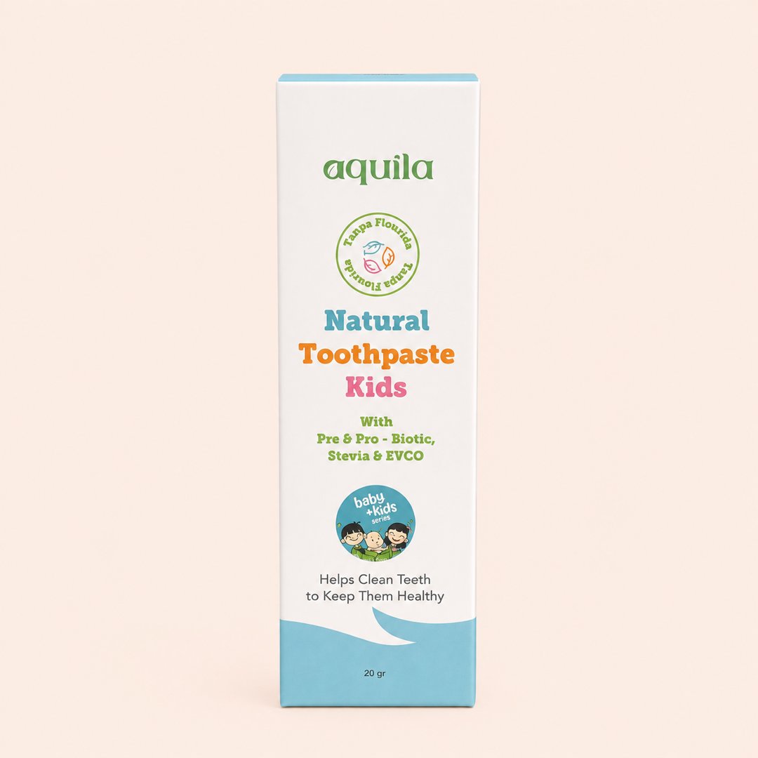 Cover produk Aquila Natural Toothpaste Kids - Pasta Gigi Anak Tanpa Fluoride 20gr dengan latar krem
