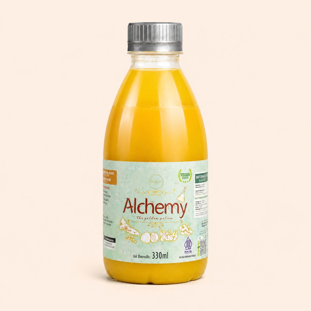 Cover produk Alchemy The Golden Potion - Minuman Herbal Jahe Merah & Kunyit 330ml dengan latar krem