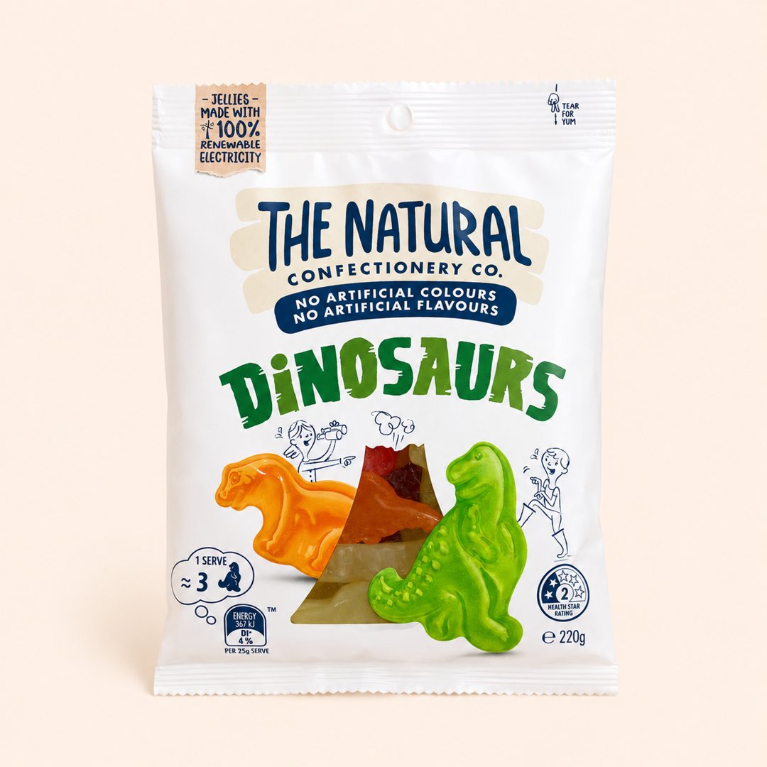 Kemasan Dinosaurs Jellies 220 gram dengan latar krem.