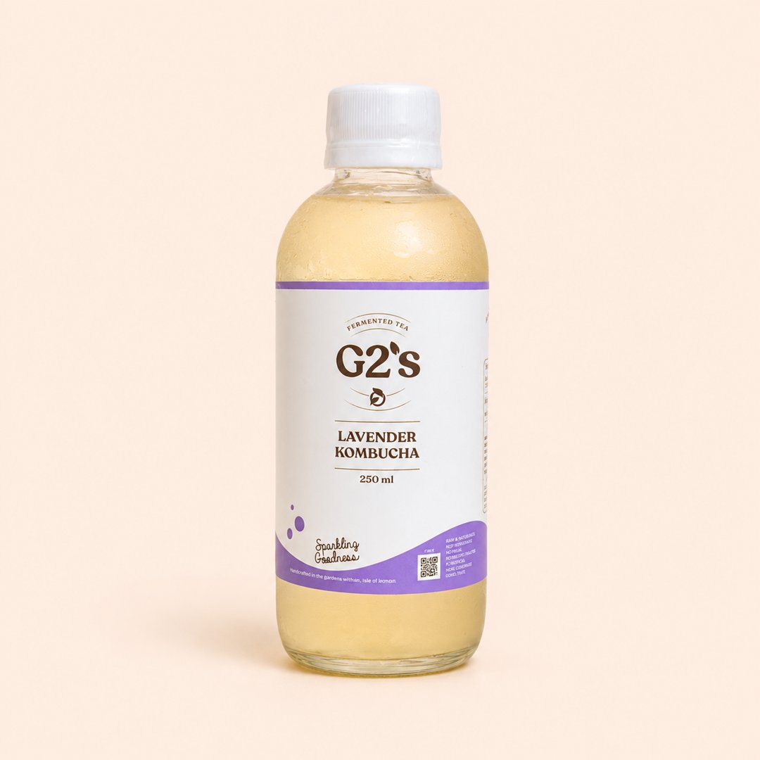 Cover produk G2'S Lavender Kombucha - Sparkling Fermented Tea 250ml dengan latar krem