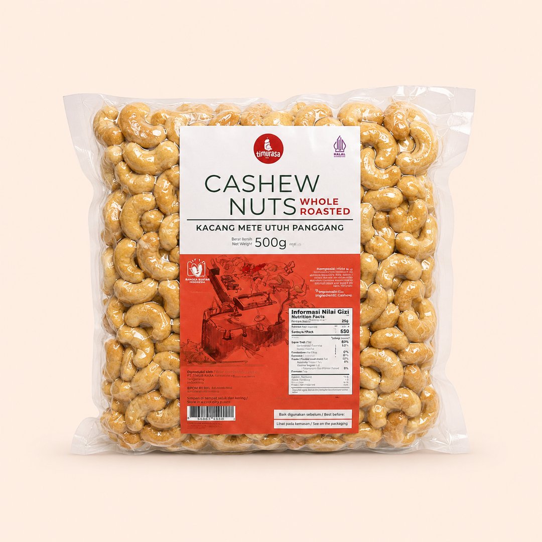 Cover produk Timurasa Cashew Nuts Whole Roasted 500g - Kacang Mete Panggang Utuh dengan latar krem
