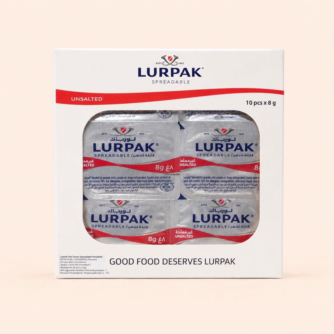 Cover produk Lurpak Unsalted Spreadable Butter Portion 10 x 8g dengan latar krem