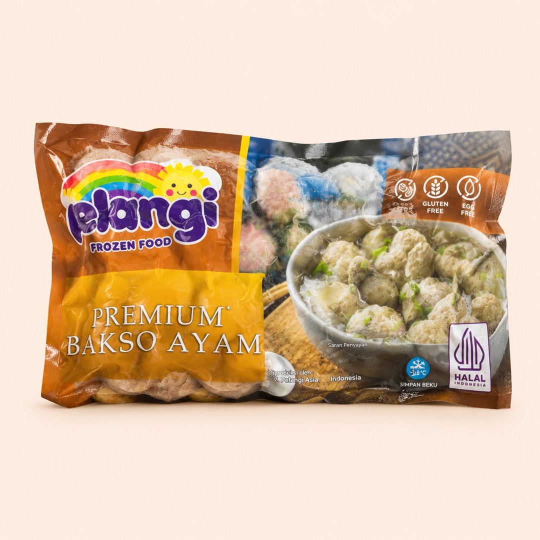 Cover produk Pelangi Premium Bakso Ayam 300gr - Bebas Gluten & Telur dengan latar krem