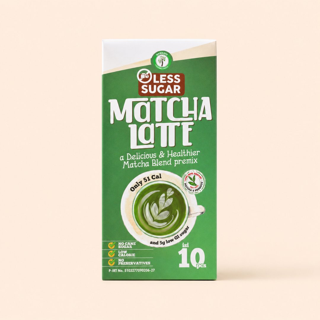 Cover produk Namaste Organic Matcha Latte Less Sugar 10 Sachet dengan latar krem