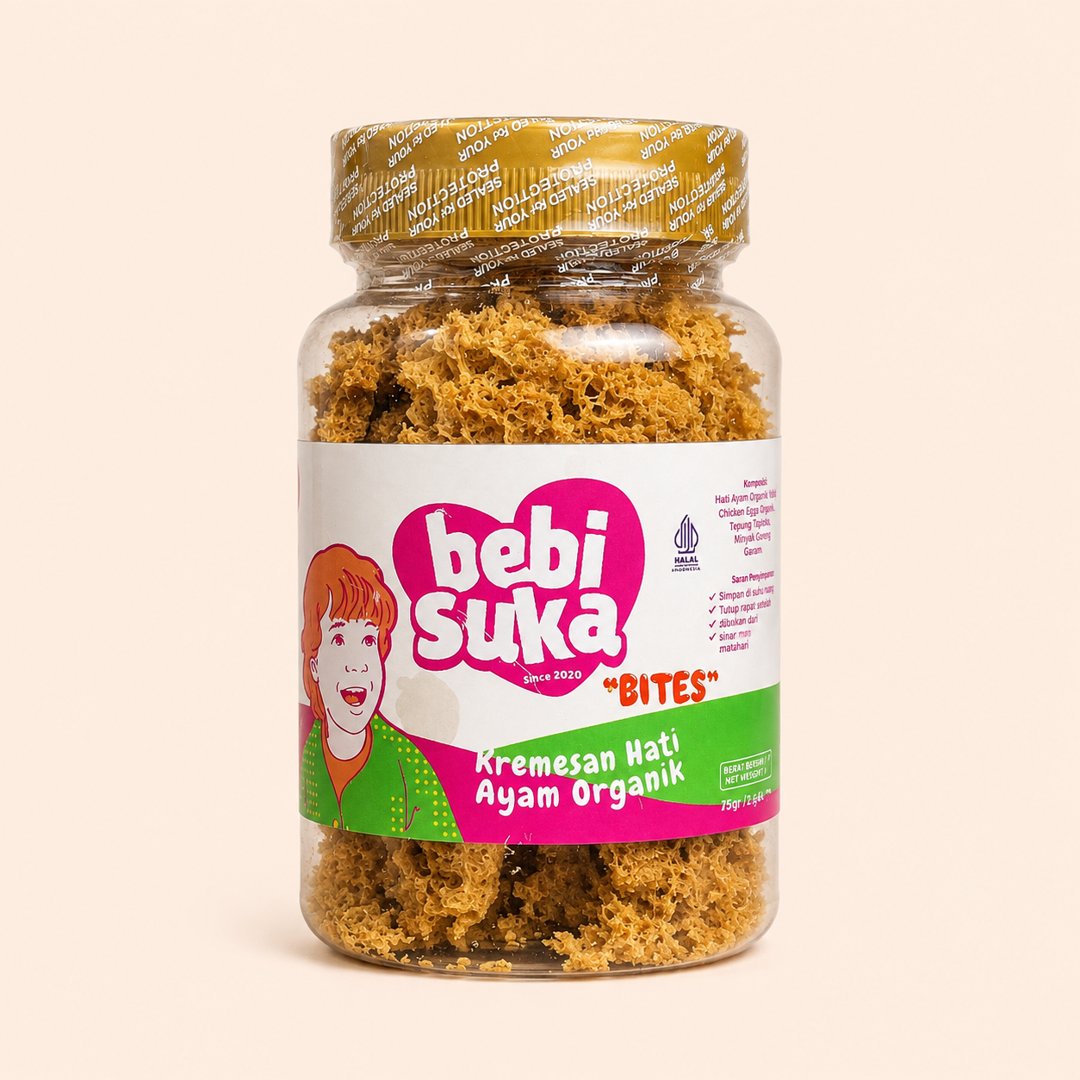Cover produk Bebi Suka Kremesan Hati Ayam Organik Bites 75gr dengan latar krem