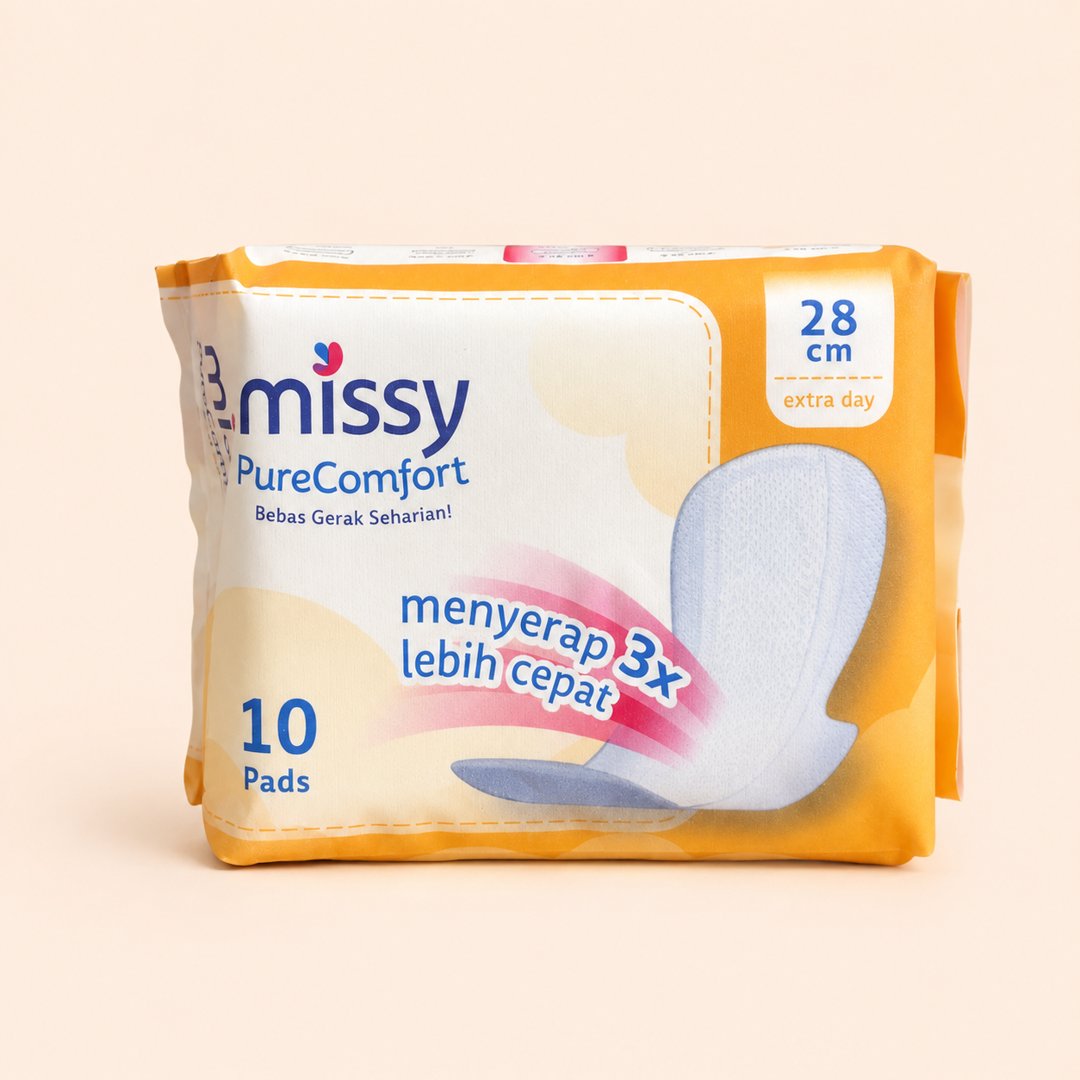 Cover produk Missy Pure Comfort Extra Day 28cm - Pembalut Bebas Klorin (10 Pads) dengan latar krem