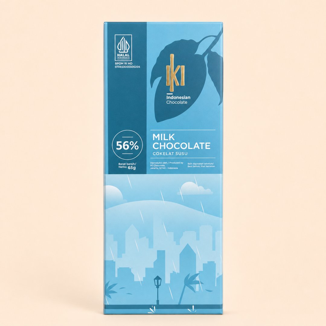 Cover produk Iki Indonesian Milk Chocolate 56% Rain Edition 65g dengan latar krem