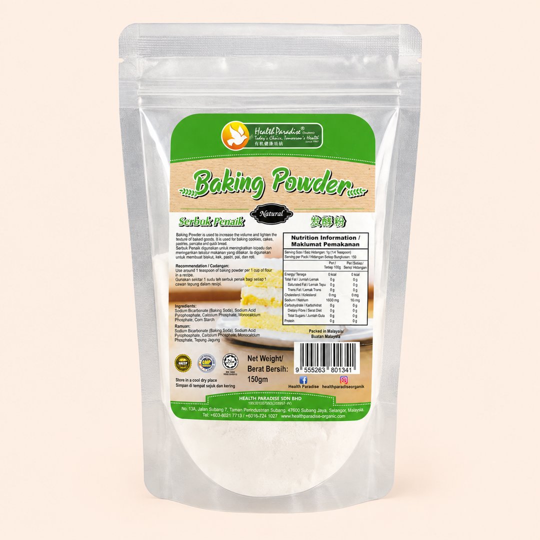 Cover produk Health Paradise Natural Baking Powder 150g dengan latar krem