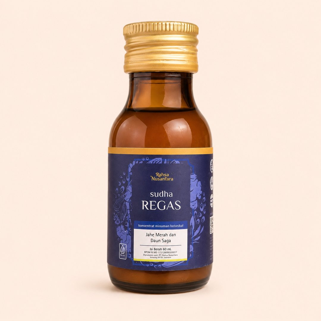 Cover produk Rahsa Nusantara Sudha Regas - Konsentrat Jahe Merah & Daun Saga 60ml dengan latar krem