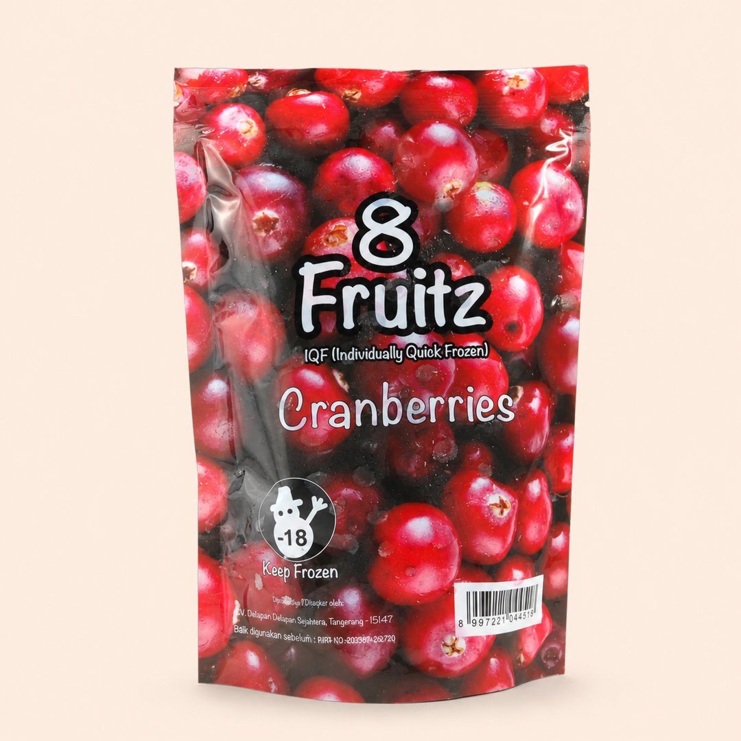 Cover produk 8Fruitz Frozen Cranberries (IQF) - 500gr dengan latar krem