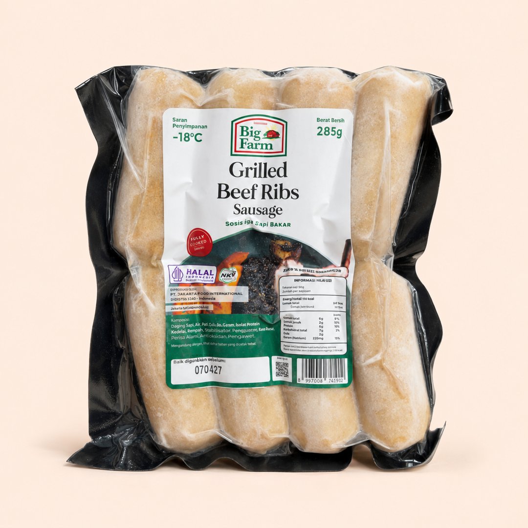 Cover produk Big Farm Grilled Beef Ribs Sausage 285g - Sosis Iga Sapi Bakar dengan latar krem