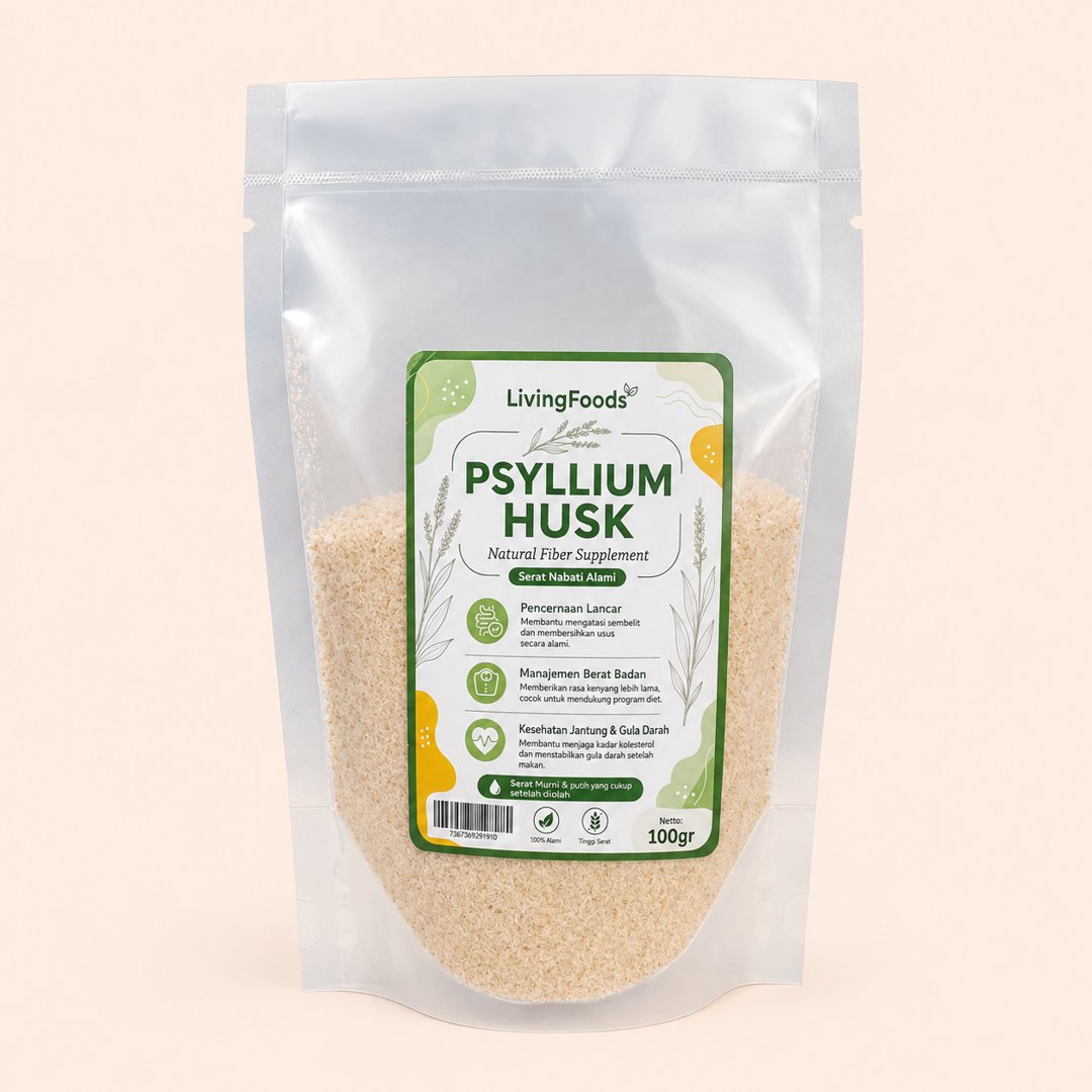 Cover produk LivingFoods Psyllium Husk - Suplemen Serat Nabati Alami 100gr dengan latar krem
