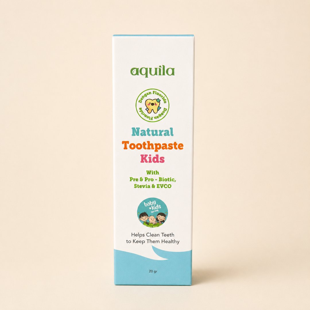 Cover produk Aquila Natural Toothpaste Kids With Fluoride 20gr dengan latar krem
