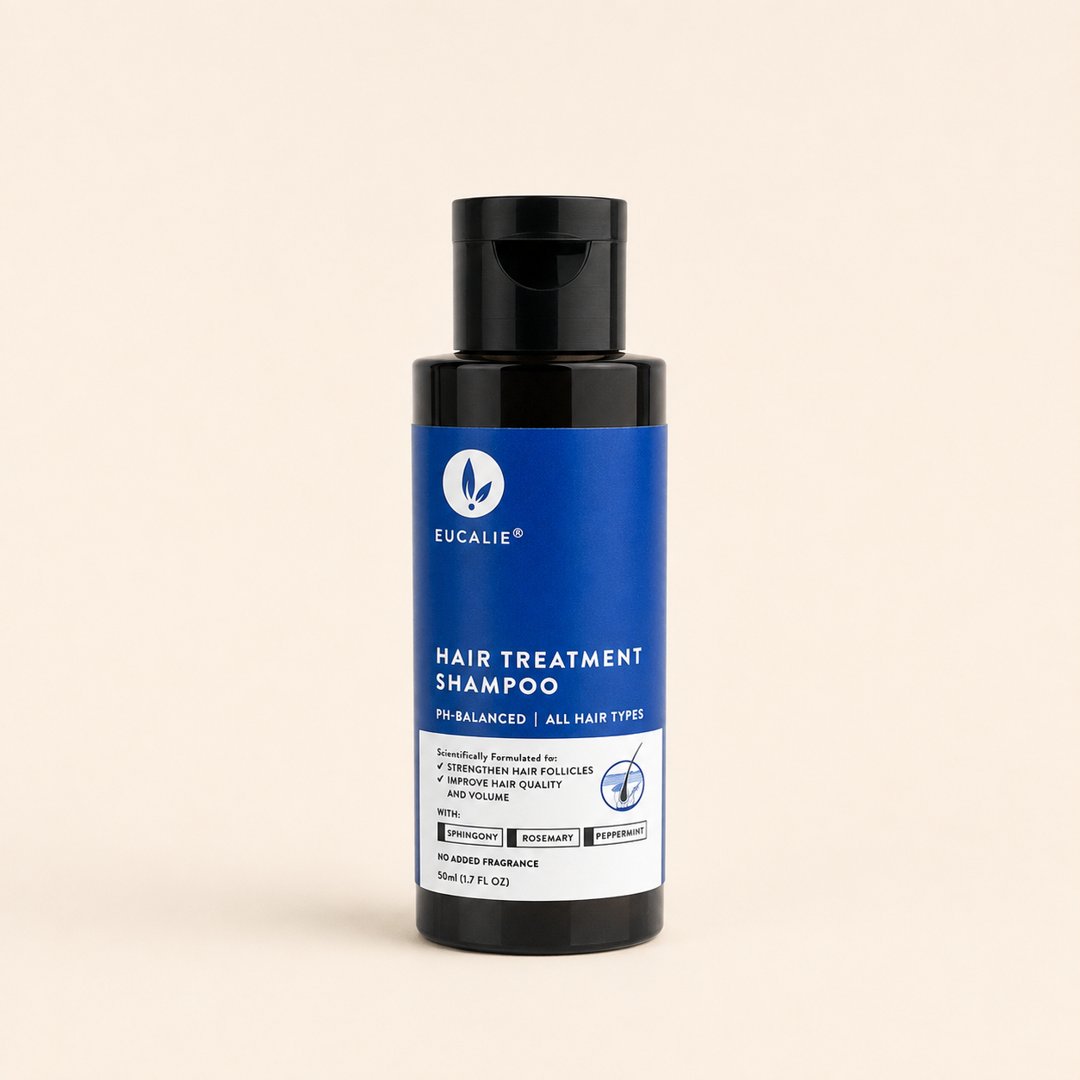 Cover produk Eucalie Organic Hair Treatment Shampoo Anti-Hair Loss 50ml dengan latar krem