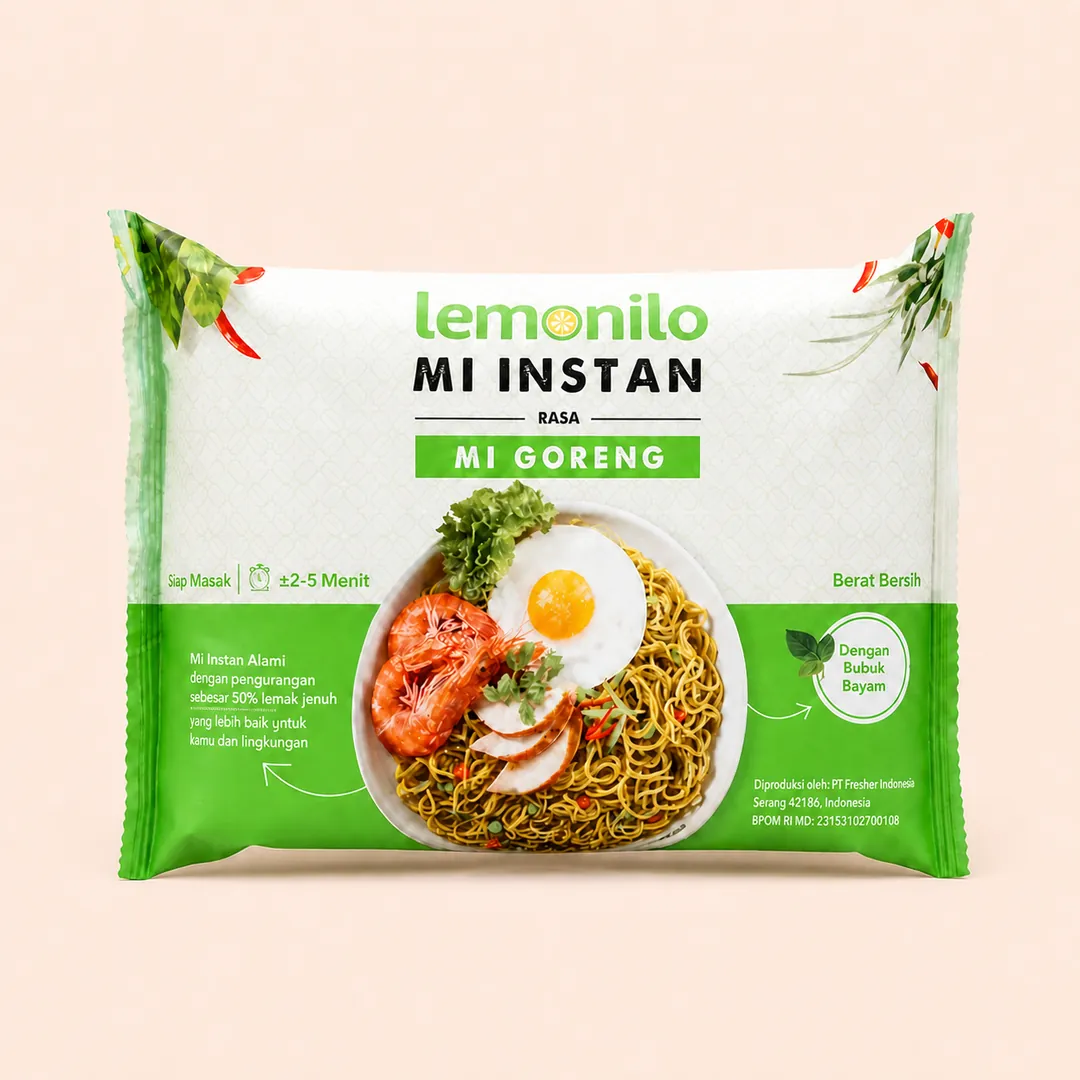 Kemasan Lemonilo Mie Instan rasa Mi Goreng Bayam 76g pada latar studio krem.