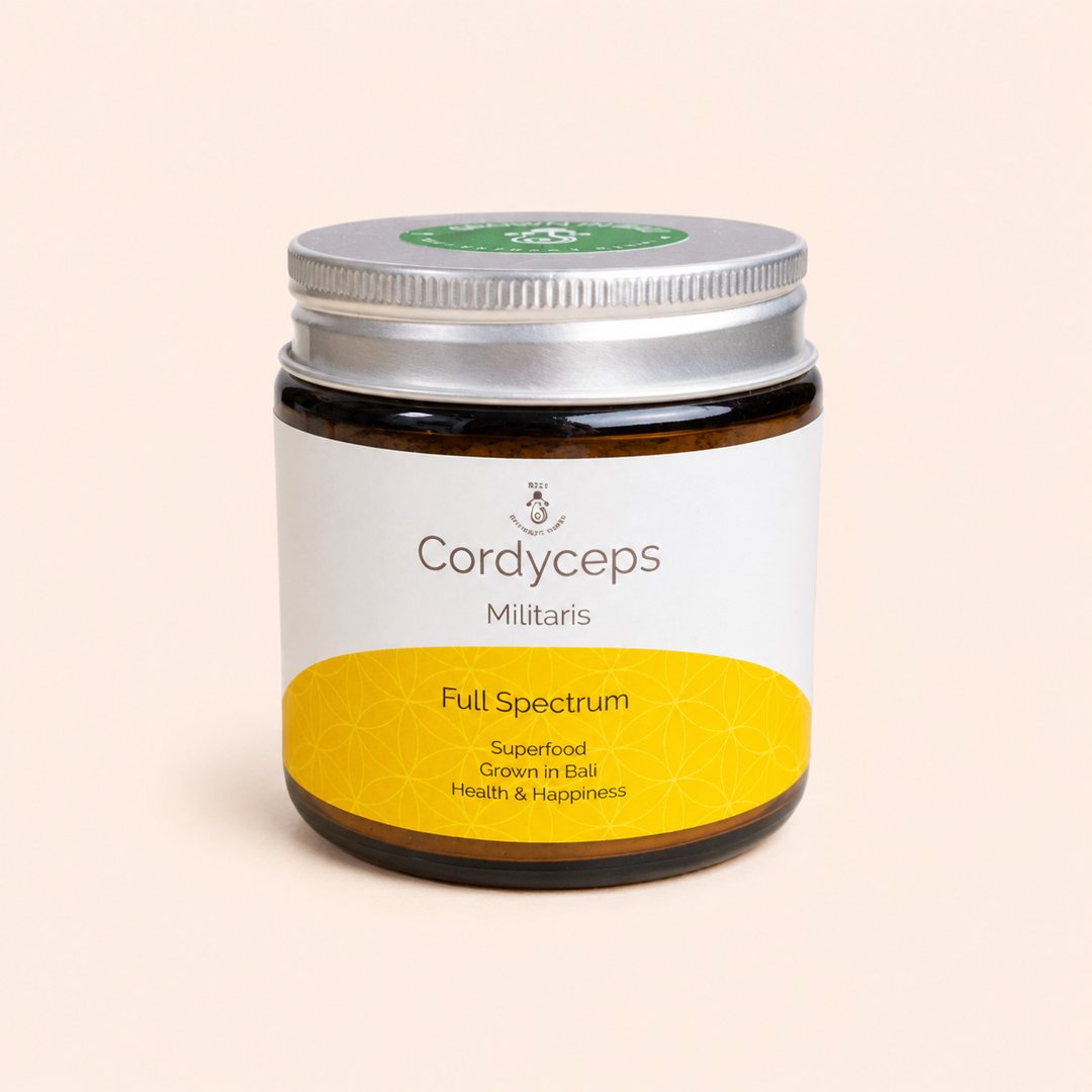 Cover produk Cordyceps Militaris Full Spectrum Superfood - Bali Extract Farm 60g dengan latar krem