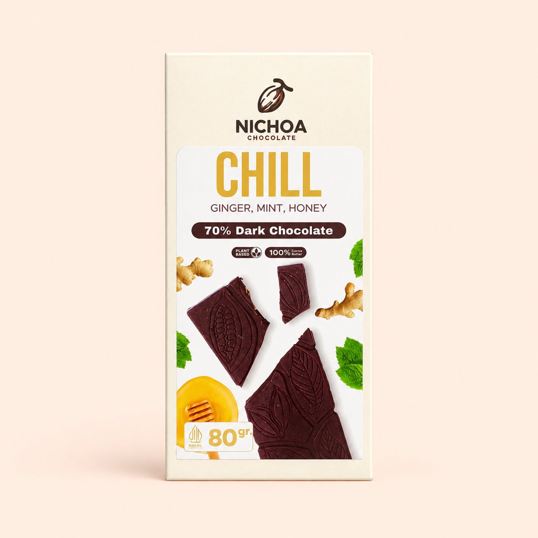 Cover produk Nichoa Chocolate Chill 70% Dark Chocolate Ginger Mint Honey 80gr dengan latar krem