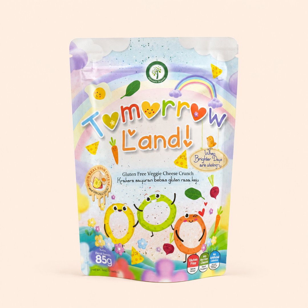 Cover produk Tomorrow Land Gluten Free Veggie Cheese Crunch 85g - Namaste Organic dengan latar krem