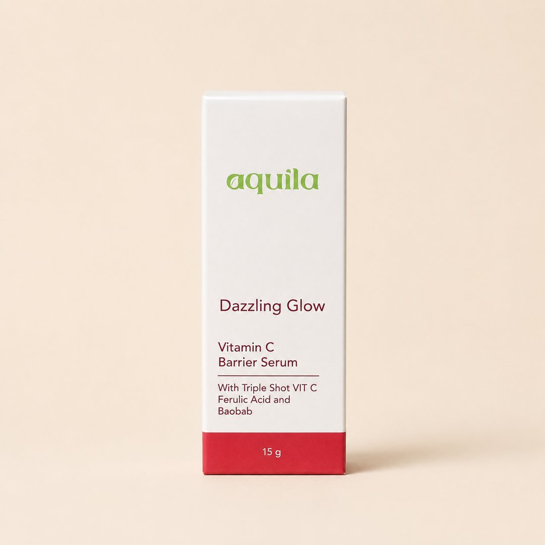 Cover produk Dazzling Glow vitamin c Barrier Serum 15ml - Aquila - Dazzling Glow vitamin c Barrier Serum 15ml - Aquila dengan latar krem