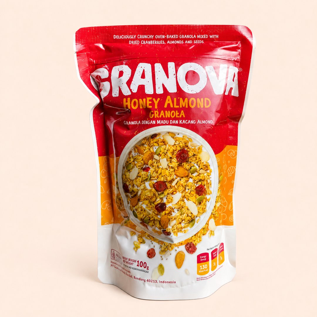 Cover produk Granova Honey Almond Granola - Sereal Sehat & Renyah 100g dengan latar krem