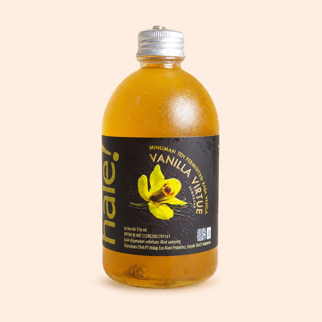 Cover produk Heal Probiotic Kombucha Vanilla Virtue 370ml dengan latar krem