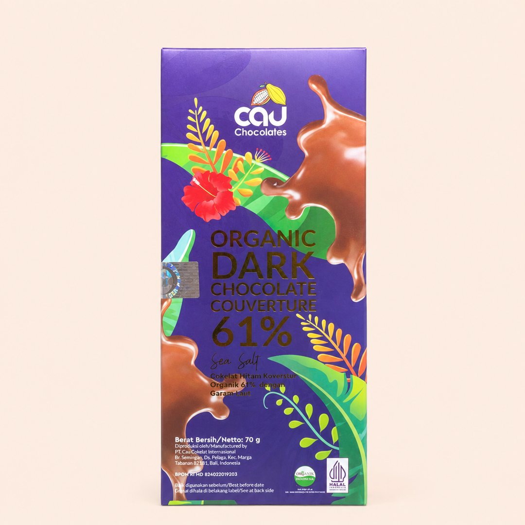 Cover produk Cau Chocolates Organic Dark Chocolate 61% Sea Salt 70g dengan latar krem