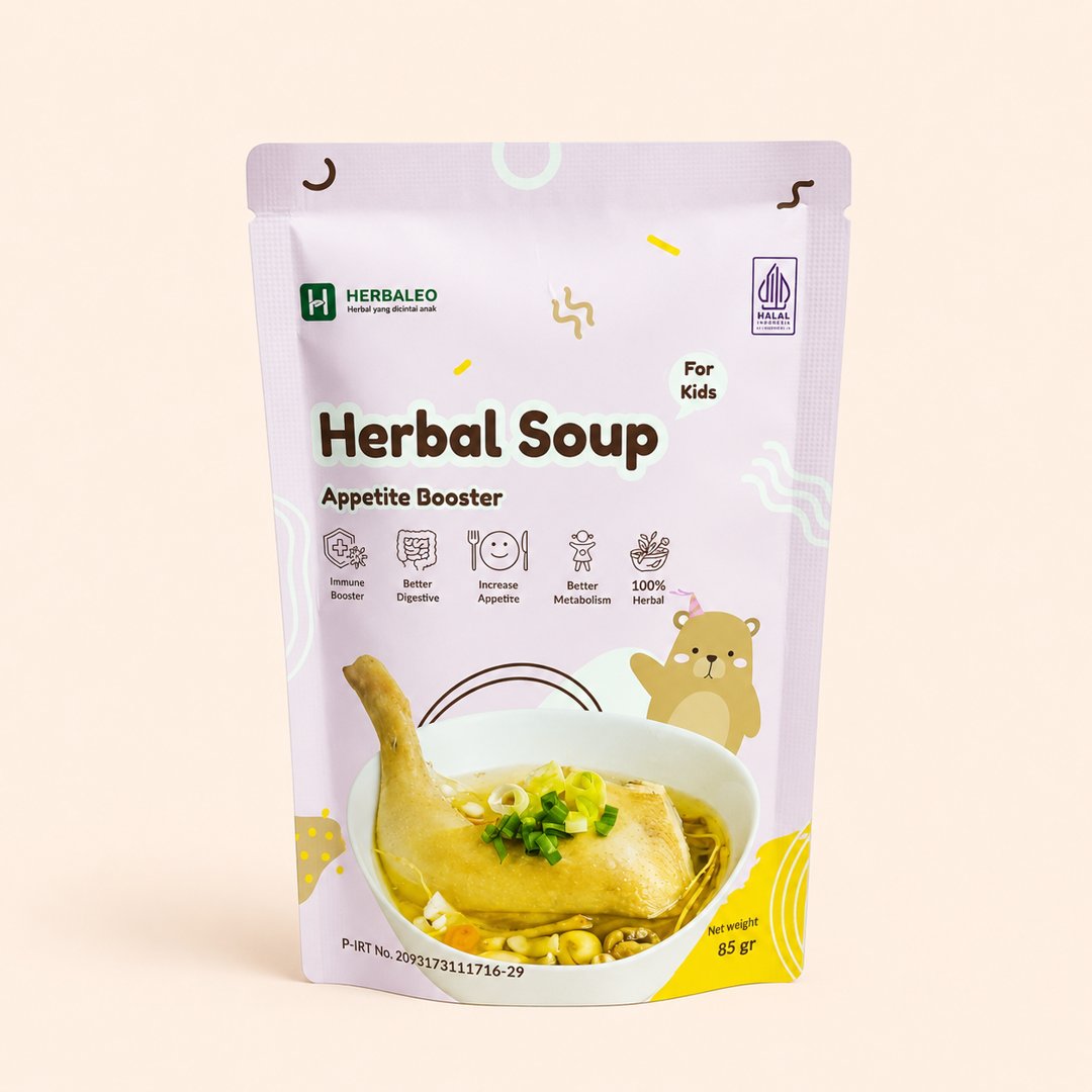 Cover produk Herbaleo Herbal Soup Appetite Booster For Kids 85g dengan latar krem