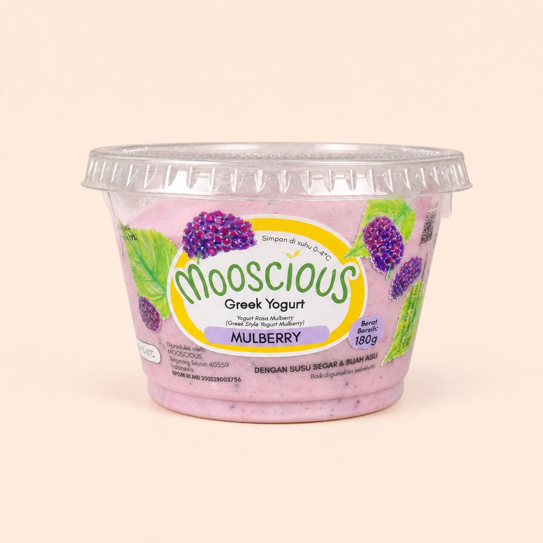 Cover produk Mooscious Greek Yogurt Mulberry - Creamy & Fresh Fruit dengan latar krem