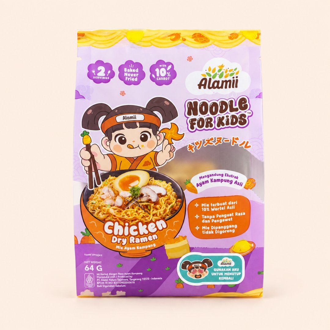 Cover produk Alamii Noodle For Kids Chicken Dry Ramen 64g dengan latar krem