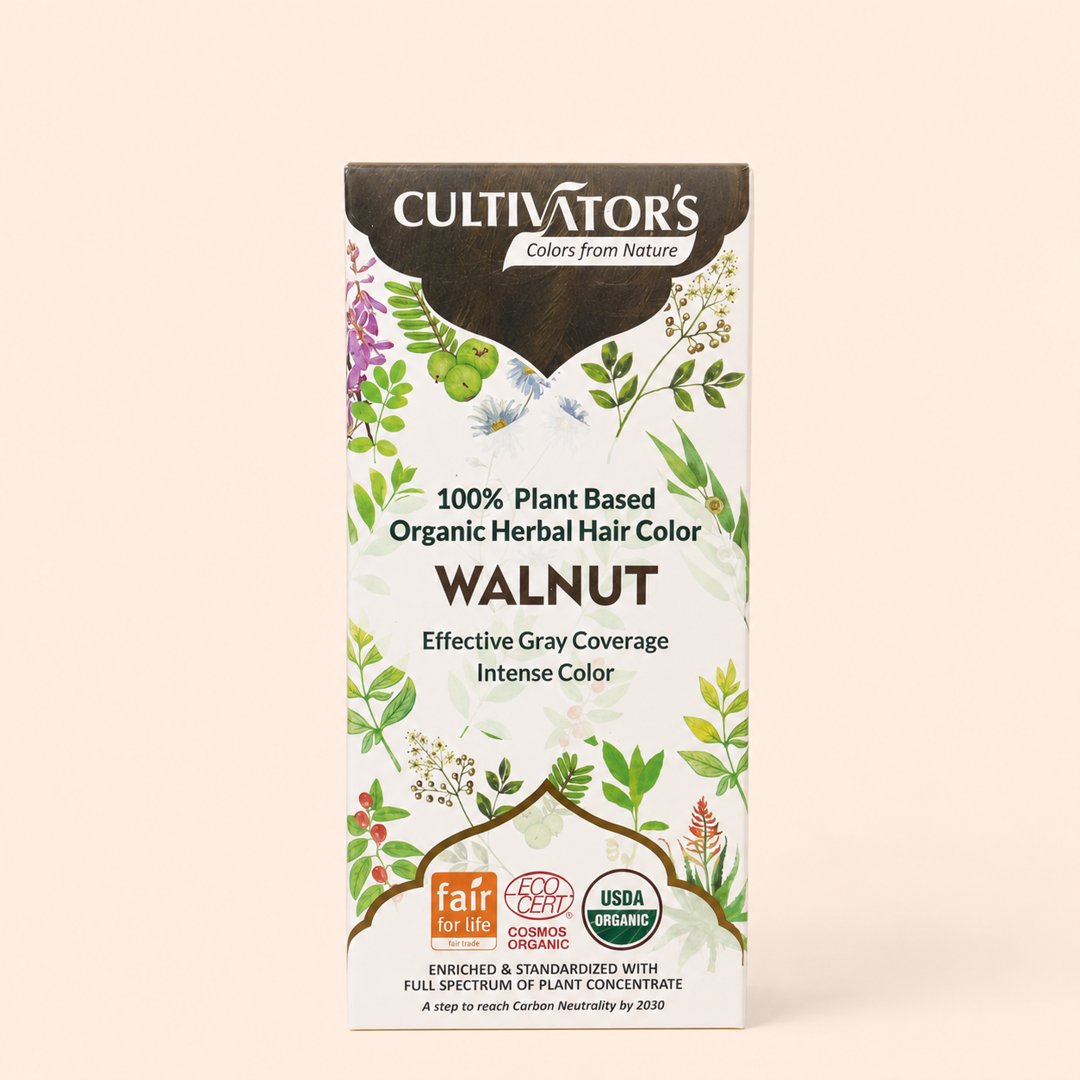 Cover produk Cultivator's Organic Herbal Hair Color Walnut dengan latar krem