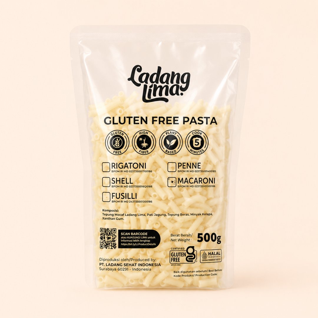 Cover produk Ladang Lima Cassava Pasta Macaroni 500g dengan latar krem