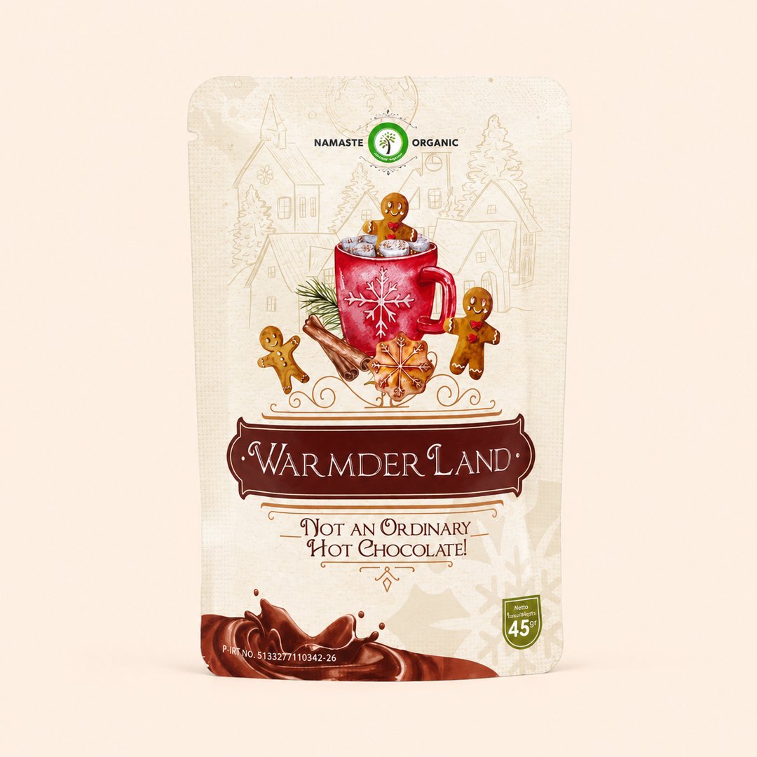 Cover produk Warmderland Hot Chocolate Namaste Organic 45g dengan latar krem