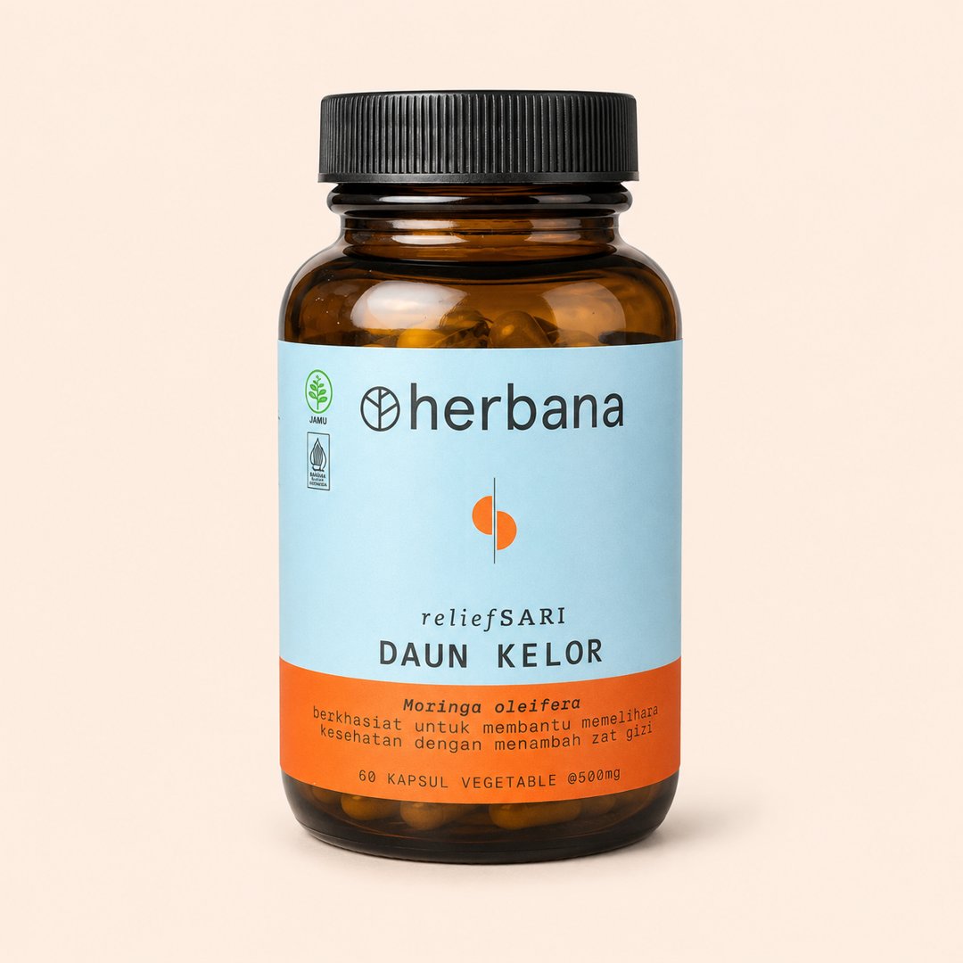 Cover produk Herbana Relief Sari Daun Kelor - 60 Kapsul dengan latar krem