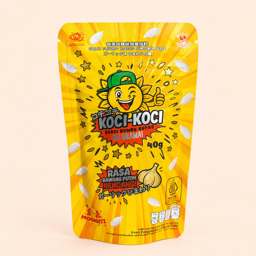 Cover produk Koci-Koci Kuaci Bumbu Kupas Rasa Bawang Putih 40g dengan latar krem