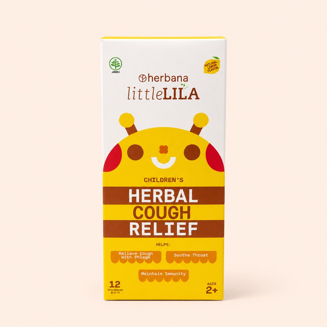 Cover produk Herbana LittleLila Children's Herbal Cough Relief - 12 Stickpacks dengan latar krem