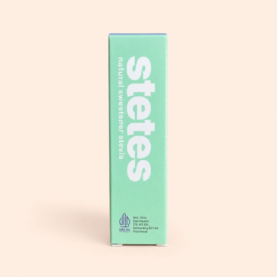 Cover produk Stetes Natural Sweetener Stevia 15ml - Pemanis Alami Nol Kalori dengan latar krem