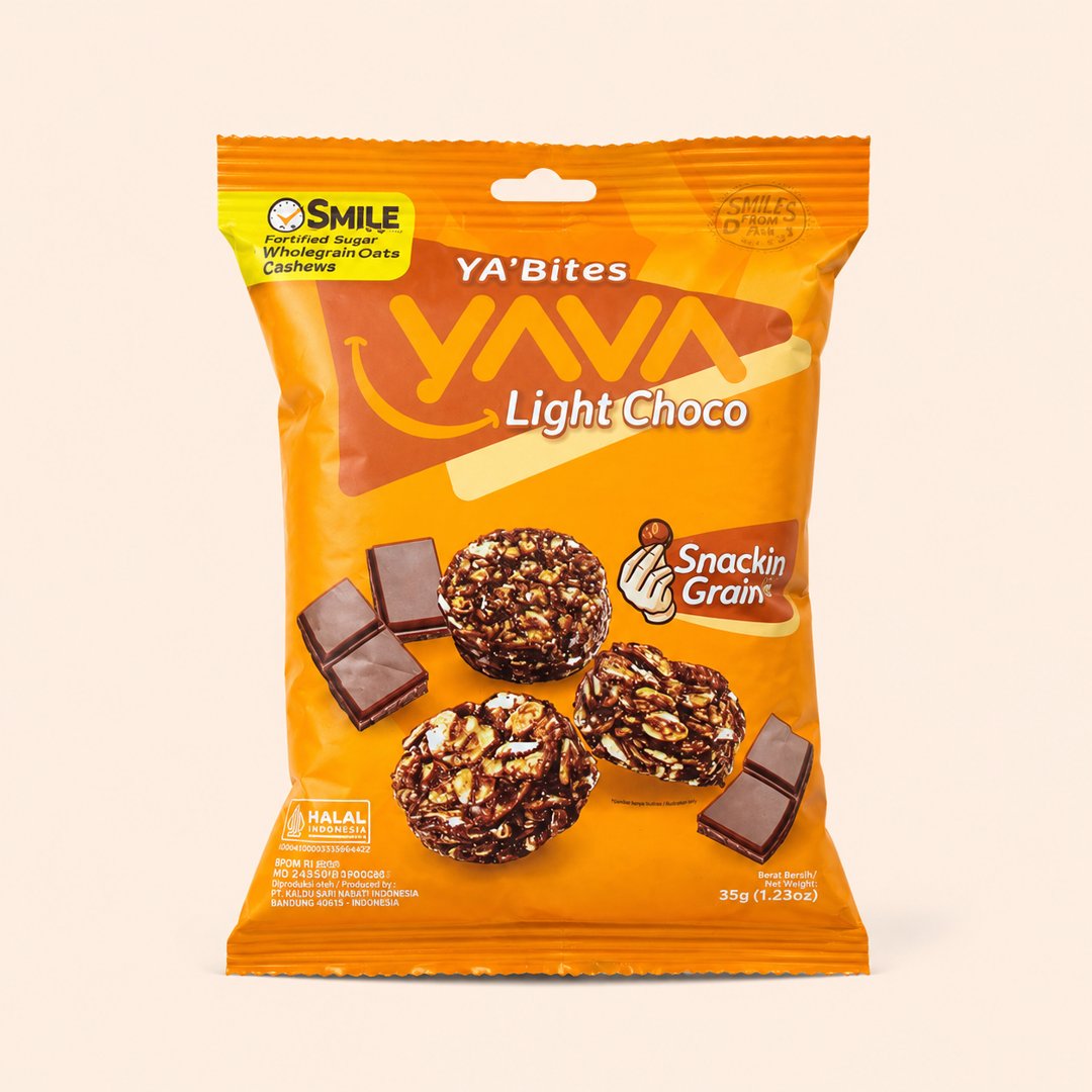 Cover produk Yava YA'Bites Light Choco - Snack Gandum & Cokelat Panggang Sehat 35g dengan latar krem
