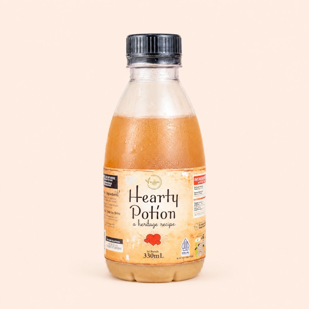 Cover produk Hearty Potion Heritage Recipe - Ramuan Bawang Putih Tunggal & Jahe Merah 330ml dengan latar krem