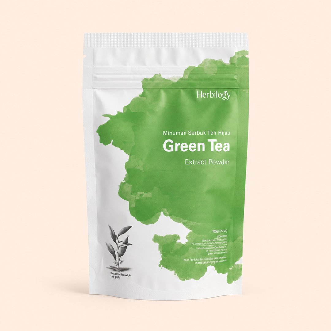 Cover produk Herbilogy Green Tea Extract Powder 100g dengan latar krem
