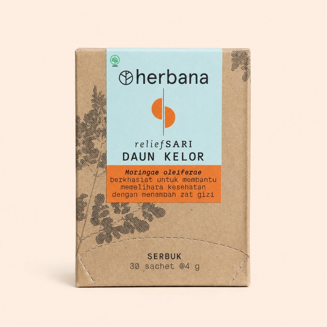 Cover produk Herbana Relief Sari Daun Kelor Moringa Powder - 30 Sachet dengan latar krem