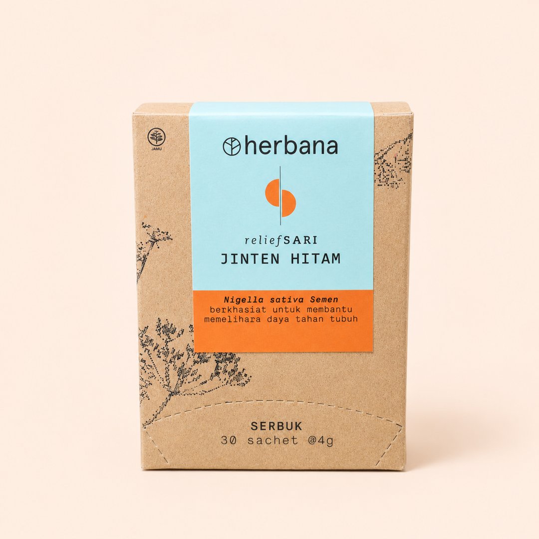 Cover produk Herbana ReliefSari Jinten Hitam (Black Seed) Powder - 30 Sachet dengan latar krem