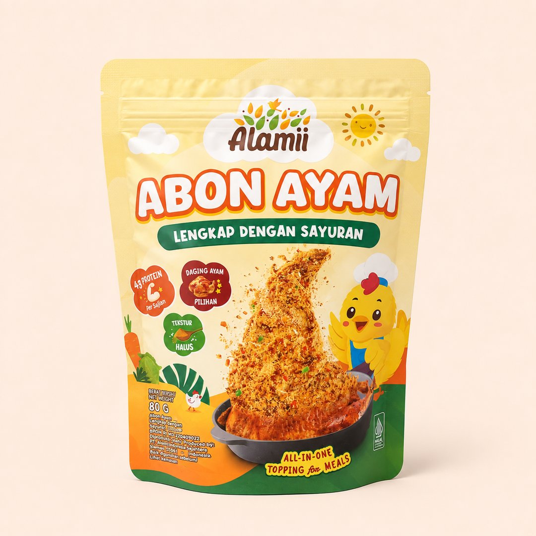 Cover produk Alamii Abon Ayam Lengkap dengan Sayuran 80g dengan latar krem