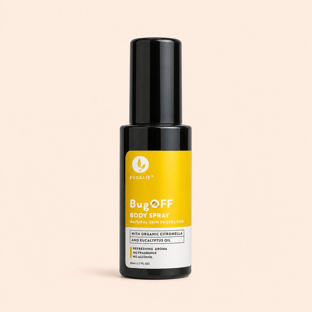 Cover produk Eucalie BugOff Body Spray Natural Skin Protector 50ml dengan latar krem