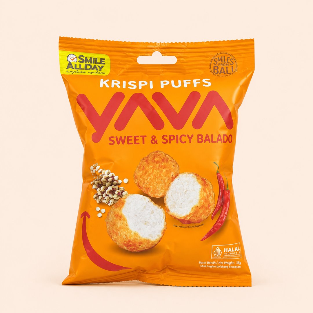 Cover produk Yava Krispi Puffs Sweet & Spicy Balado 35g dengan latar krem